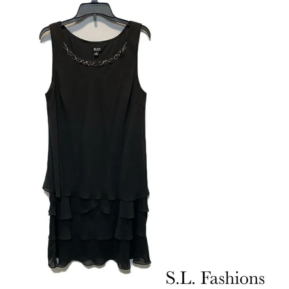 SLNY black Sequin neckline Chiffon polyester Sleeveles Dress sz 16